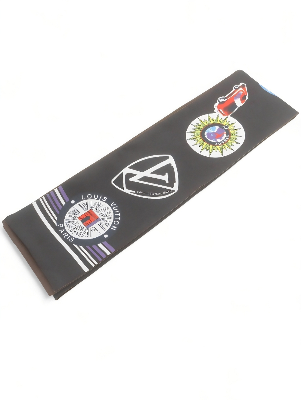 Louis Vuitton Monogram World Tour Stickers Bandeau Silk Scarf in Noir Black